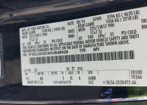 2017 Ford Escape Se z USA, uszkodzony, nr VIN 1FMCU0GD3HUB48928